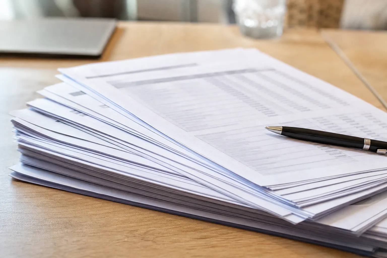 Pile de relevés bancaires papier légèrement éventée sur un bureau