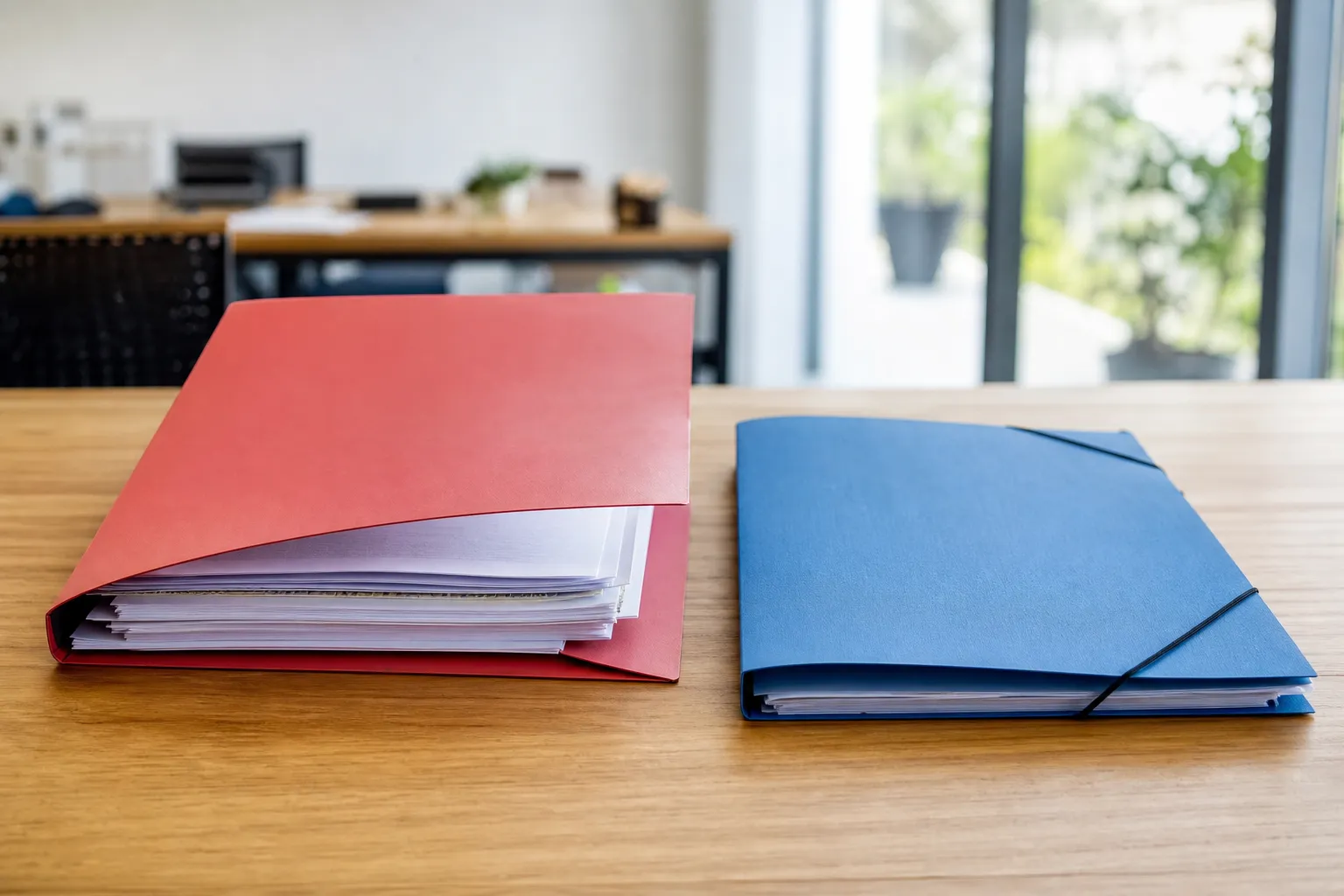 Deux dossiers de couleurs différentes posés côte à côte sur un bureau