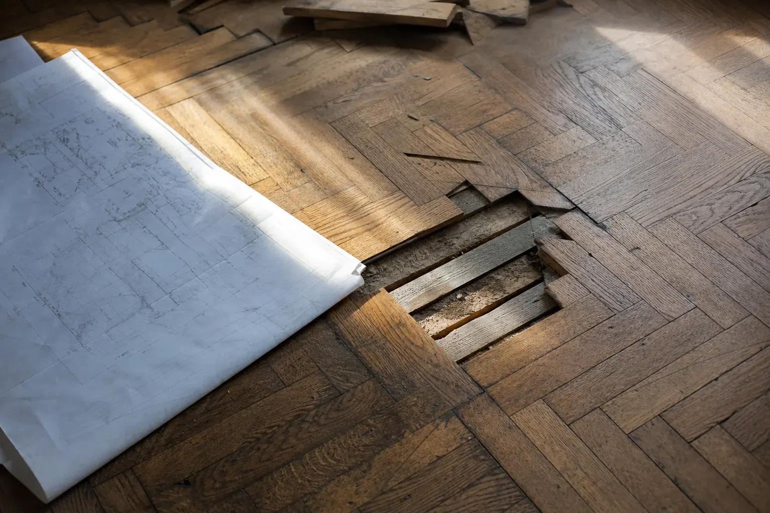 Détail d’un parquet ancien en cours de restauration à côté d’un plan de travaux
