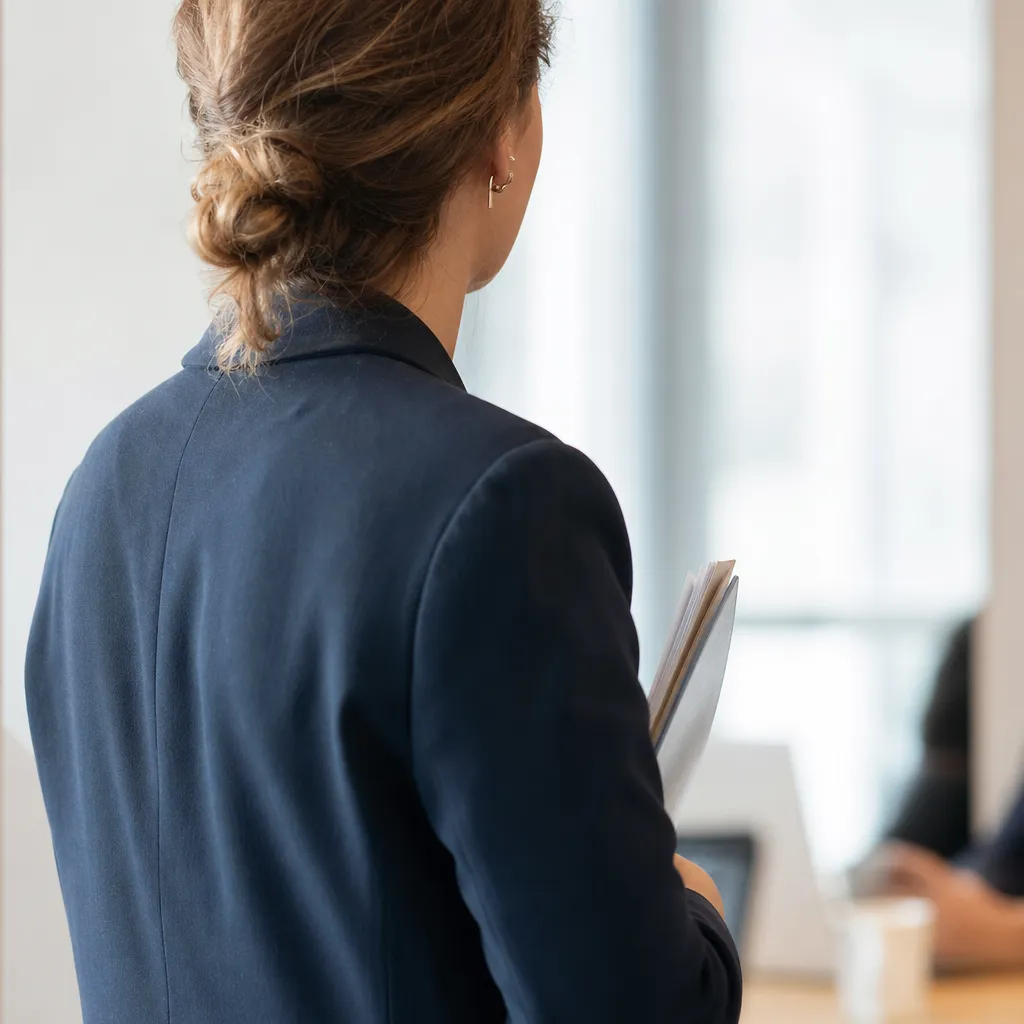 Portrait professionnel de dos, cadrage serré sur un bureau de conseil