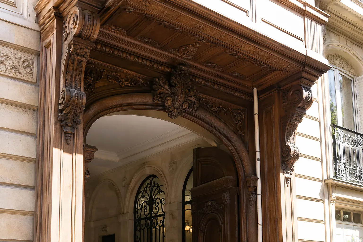 Porte cochère en bois sombre d’un immeuble haussmannien parisien, détail architectural