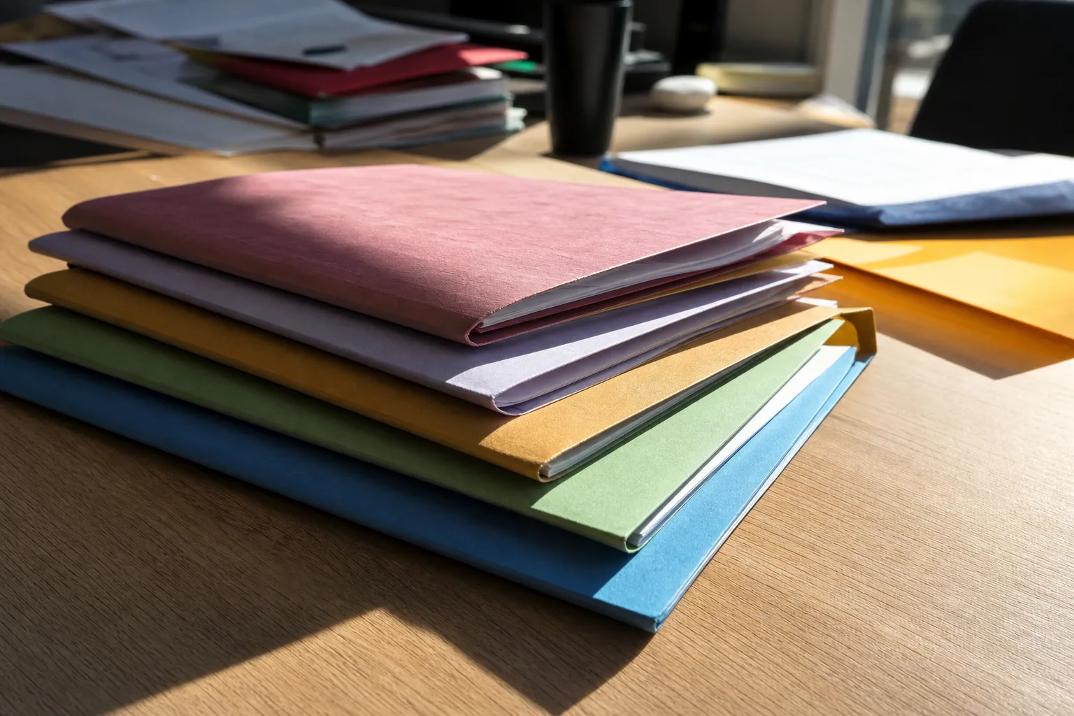 Plusieurs dossiers papier de couleurs différentes empilés sur un bureau
