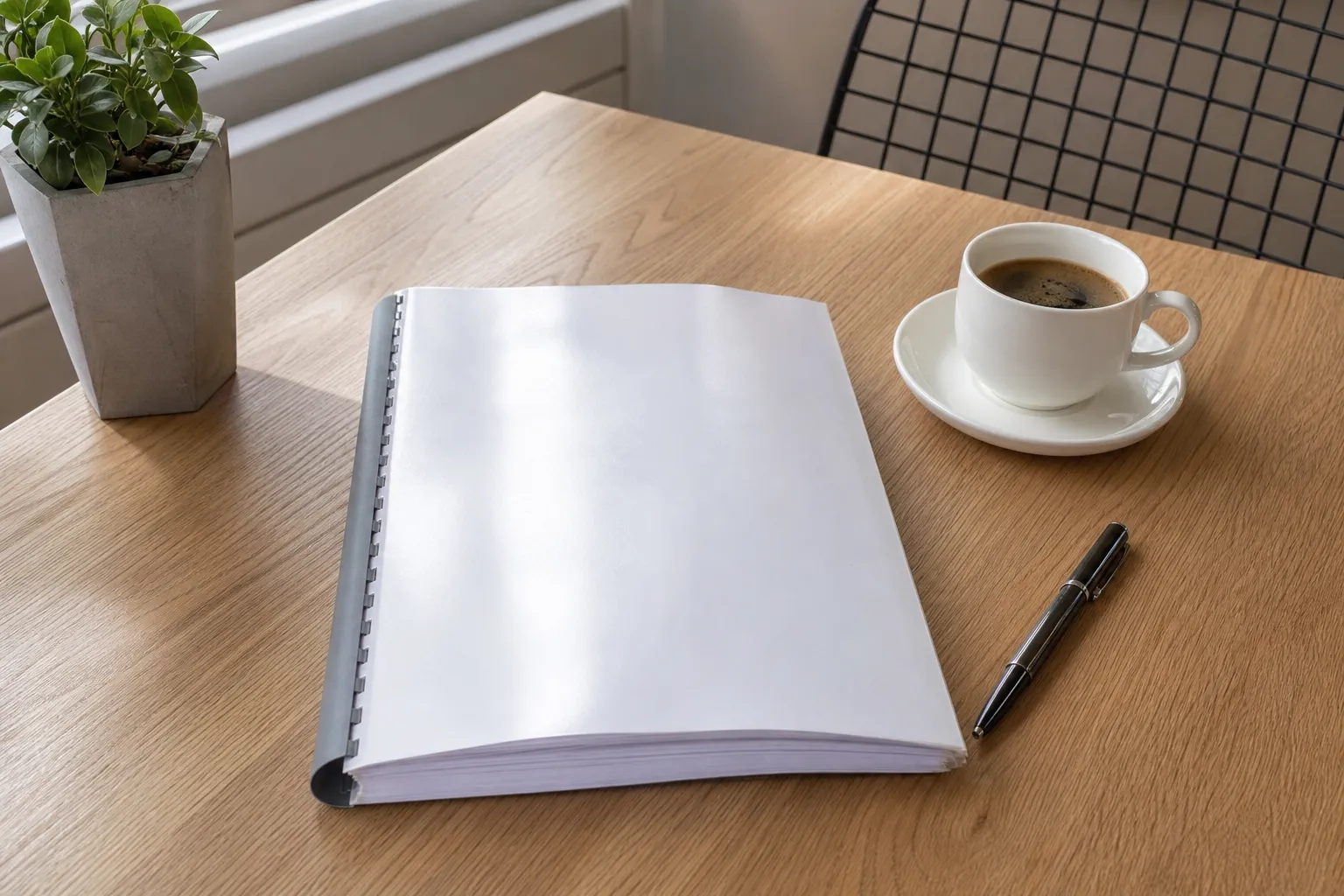 Dossier de crédit immobilier relié et un stylo posés sur un bureau en bois clair