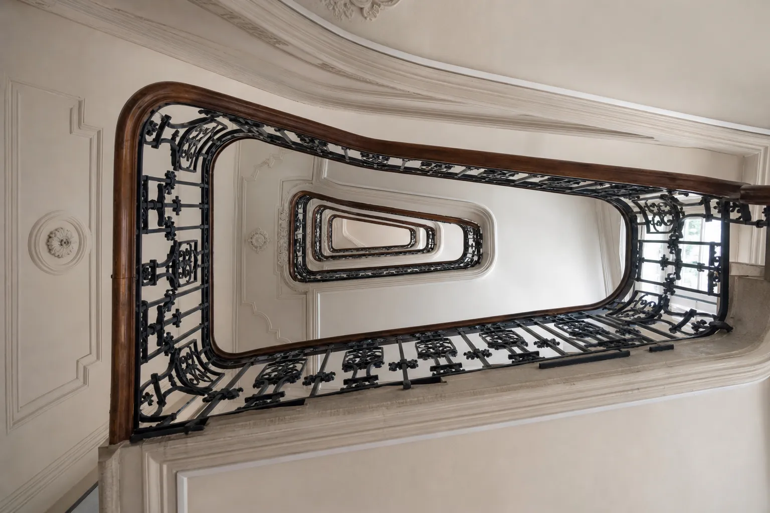 Cage d’escalier ancienne d’immeuble parisien, moulures au plafond